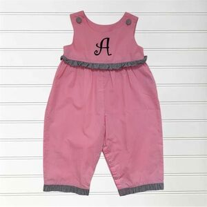 REMEMBER NGUYEN EUC Pink Ruffle Embroidered “A” Monogram Jumpsuit Longall